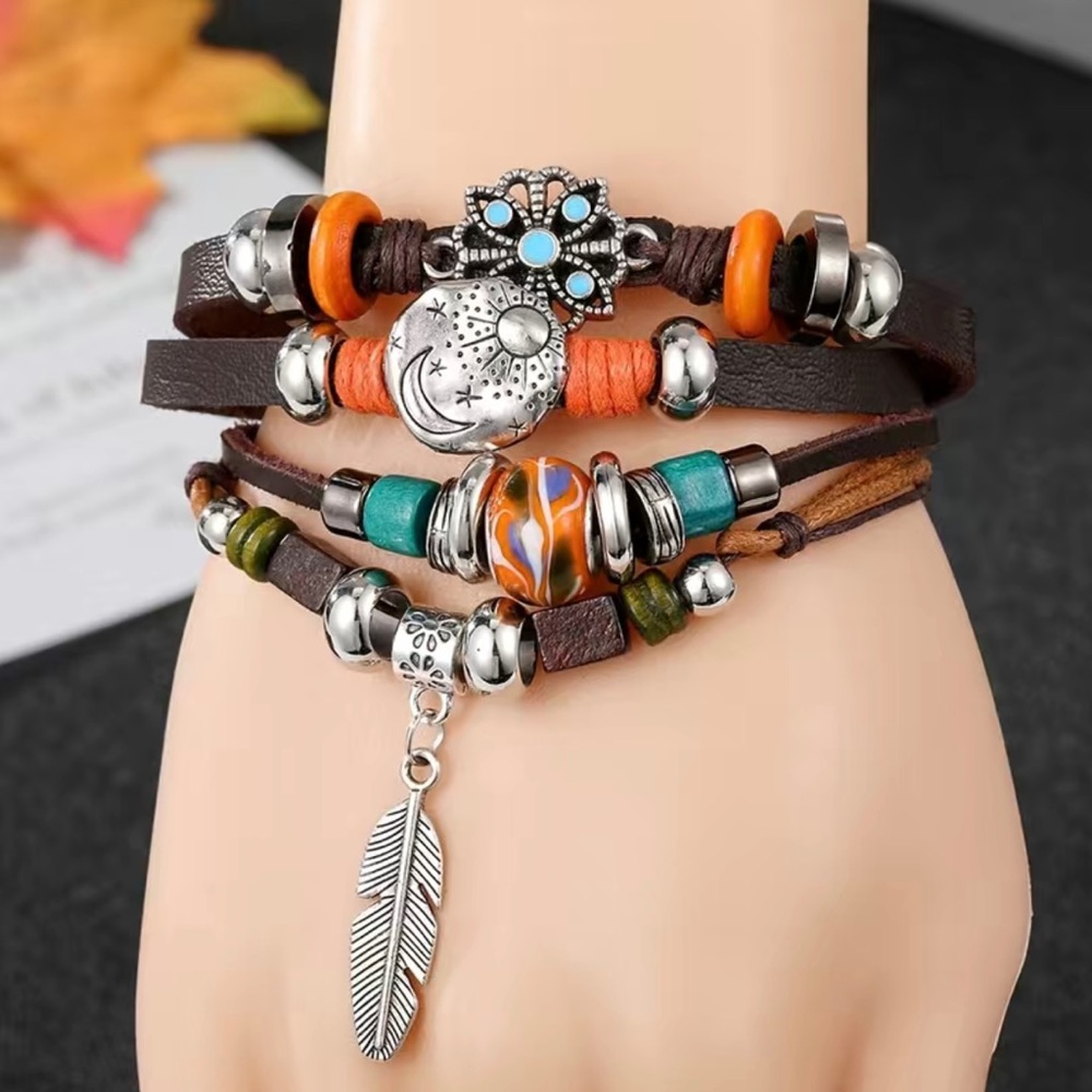 Exquisite feather pendant handmade beaded boho‎ faux leather bracelet